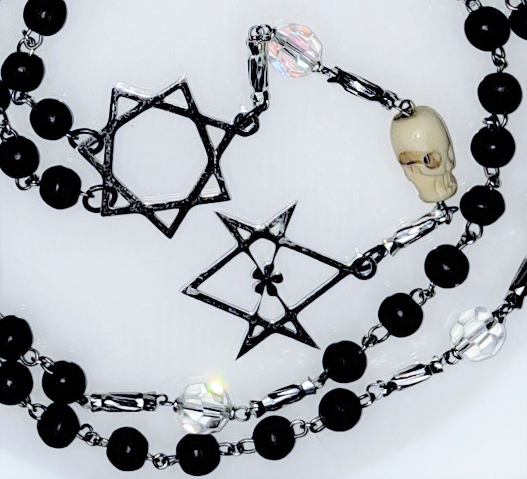 Thelemic Rosary Prayer Bead Necklace, Jet & Crystal With Unicursal