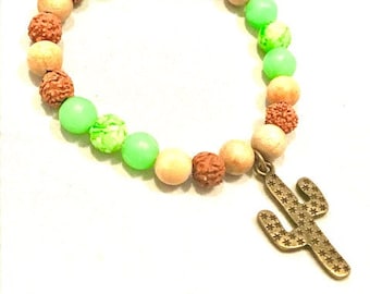 Beaded Stacking Bracelet with Cactus Charm + Gemstone + Wood Beads + Rudruksha Beads