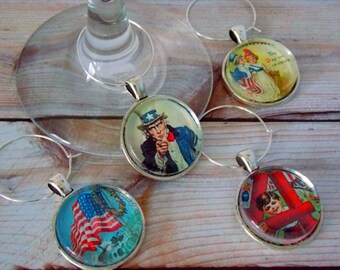 Vintage Style 4th of July / Patriotic Wine Glass Charms – Set of 4