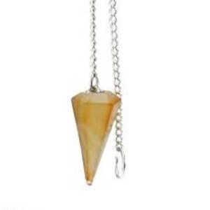 May include: A golden yellow crystal pendulum with a silver chain. The pendulum is a pointed cone shape.