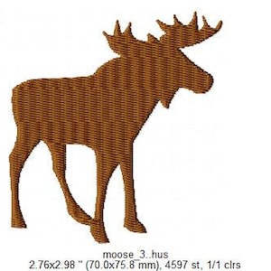 以下が含まれることがあります： 白い背景に立っている、角のある茶色のヘラジカのシルエット。画像は7.0cm x 7.6cmです。