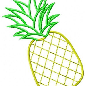 May include: A digital embroidery design of a pineapple. The pineapple has a yellow outline with a grid pattern, and green leaves. The design is on a white background.