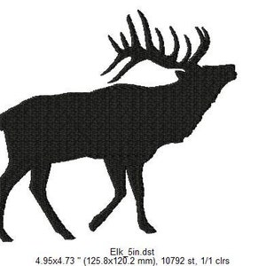 May include: Black silhouette of an elk with large antlers, walking to the left. The image is a digital embroidery design, measuring 4.95 x 4.73 inches.