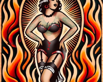 Pin Up Fire Eater Tattoo Art Print – Burlesque Sailor Jerry Style Wall Art