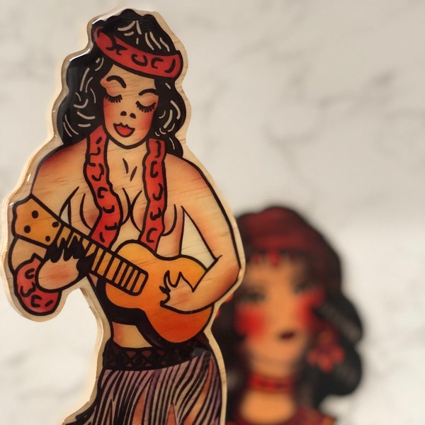 Large 40cm tall Vintage Style unique wood cut Hula Girl Wall Art - Original Tattoo Wall Art