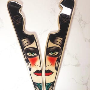 REFLECTION GYPSY FACE knife Wall Art – Traditional Tattoo-Inspired Wood Cut-Out Decor