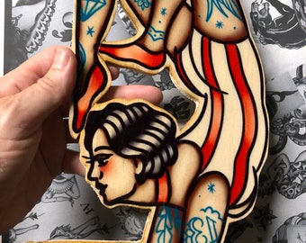 Vintage Tattoo Parlor Classic,  Tattooed Circus Babe - original Wood-Cut Art