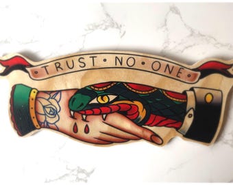 Trust No One Wood Tattoo Sign: Hand-Cut Sailor Jerry Style Wall Art