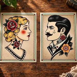 Him & Her – Old School Tattoo Portraits - Flash Sheet Set - 2 print bundle
