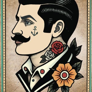 Op de afbeelding: Illustratie van een man in profiel in een klassieke tattoo-stijl. De man heeft een grote snor, een anker-tattoo en een nek-tattoo van rozen. Hij draagt een zwart pak met een bloem.