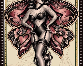 Butterfly Burlesque Tattoo Art Print – Vintage Moth Babe Design