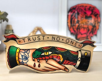 Large 35cm long x 15cm wide Trust No-One! Wood Tattoo Cut Out Sign plaque art - Wall Art  Wood Inked and Hand Cutout Ready to hang