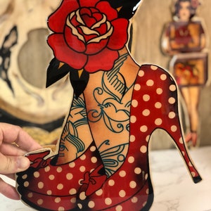 Pin Up Polka Dot Heels with Rose Tattoo Lovers - Tattoo Studio Art - Ready to hang