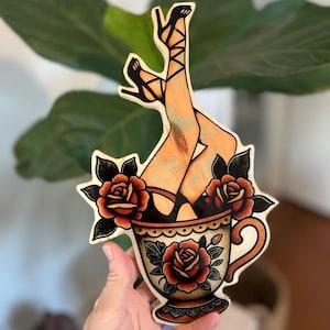 Storm in a Teacup Traditional Tattoo Woodcut - Home Decor - ready to hang wall art