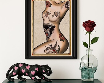 Vintage Tattoo Flash Sheet Art Print: Tattooed Muse Wall Decor