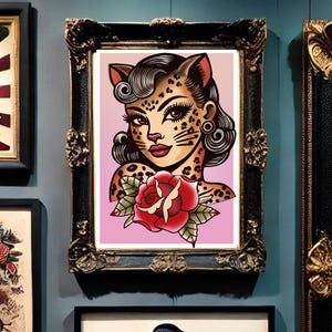 Stampa artistica su foglio di tatuaggi tradizionali, decorazione da parete vintage per gli amanti dell'inchiostro: un pezzo fantastico per completare la tua collezione - Leopard Kitty Babe