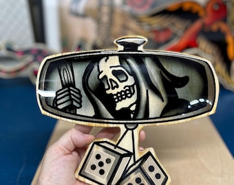 Grim Reaper Car Decor: Tattoo Flash Wood Cutout with Lucky Dice