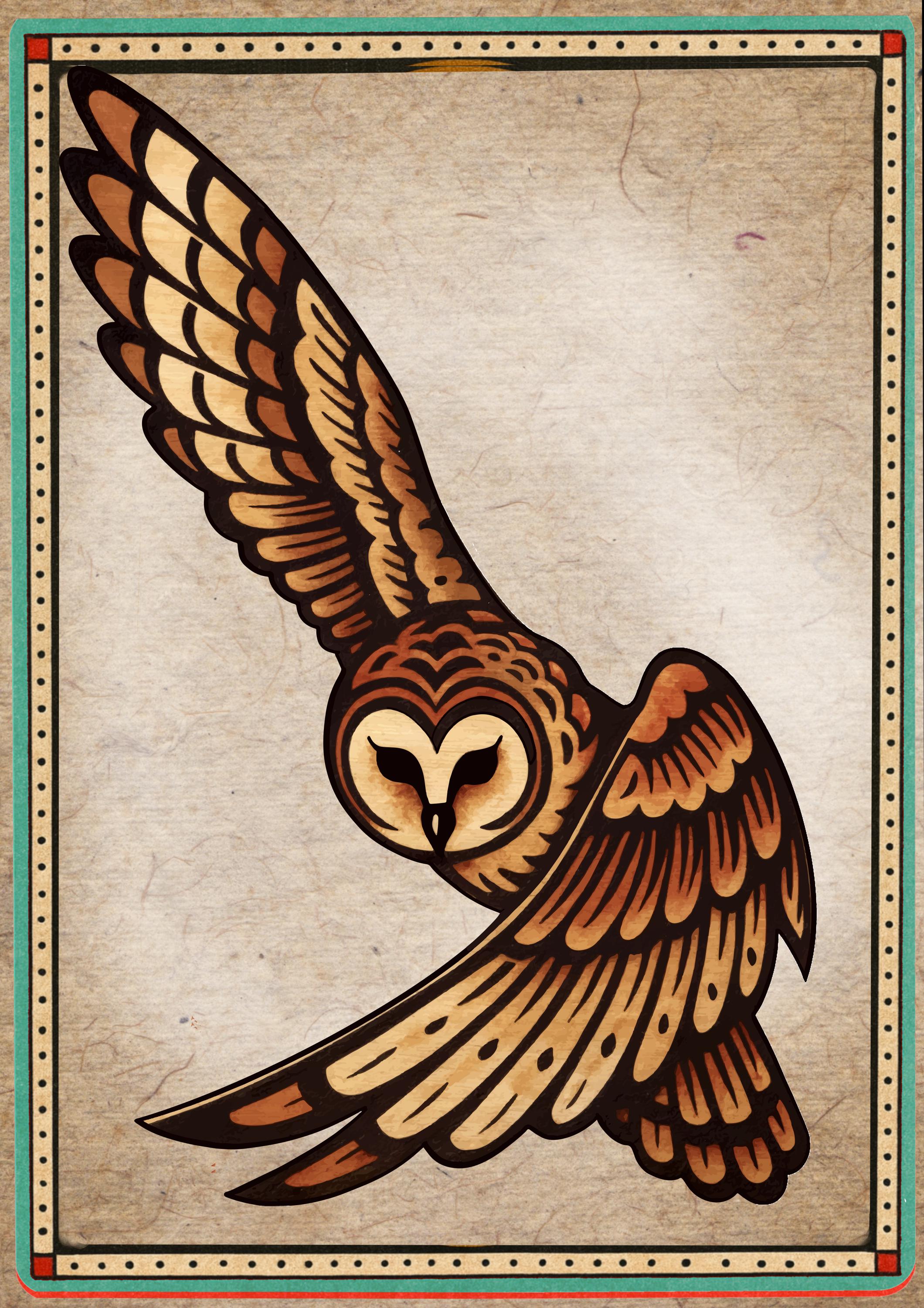 Tattoo Flash Art Print: Vintage Soaring Owl