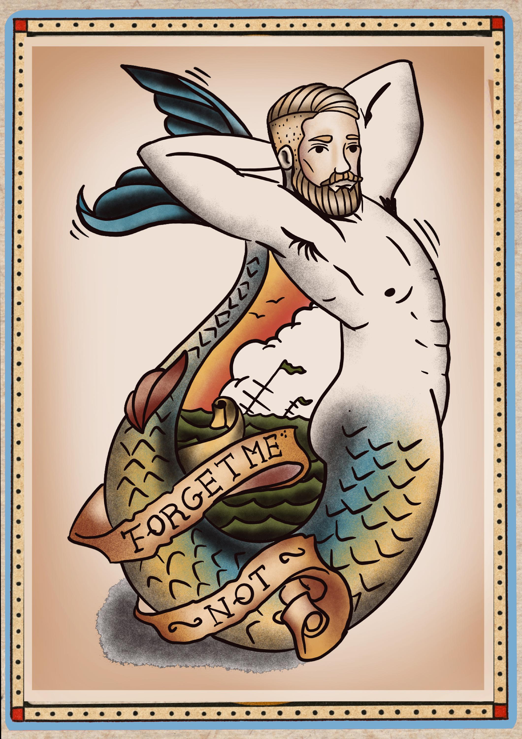 Merman Tattoo Art Print: Traditional Flash Sheet, Bold Wall Decor - Etsy