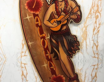 Vintage Style Hula Girl Wood Cut Wall Art: Aloha Surfboard Decor