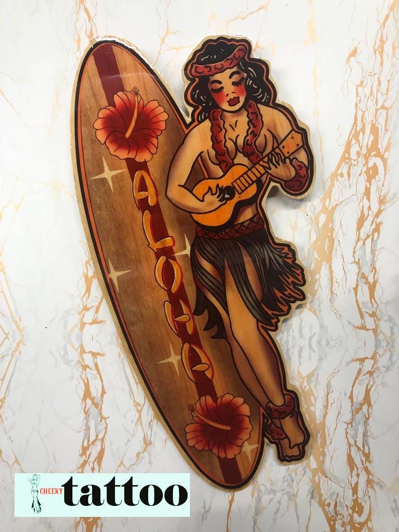 80s HULA DANCER 特大アート フレーム 油彩画 ヴィンテージ Vintage Style Hula Girl Wood Cut Wall Art: Aloha Surfboard