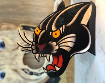 Hand Wood-Cut 3D Puma  Head Wall Art - Sailor Jerry inspired woodcut flash art