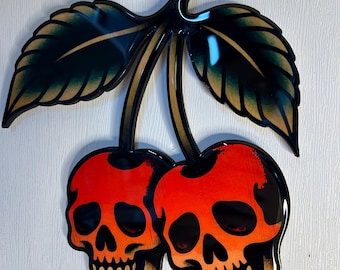 Cherry Skull Tattoo Wall Art: Handmade Wood and Resin