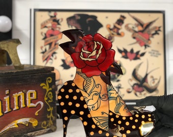 Black Pin Up Polka Dot Heels with Rose Tattoo Lovers - Tattoo Studio Art - Burlesque Art