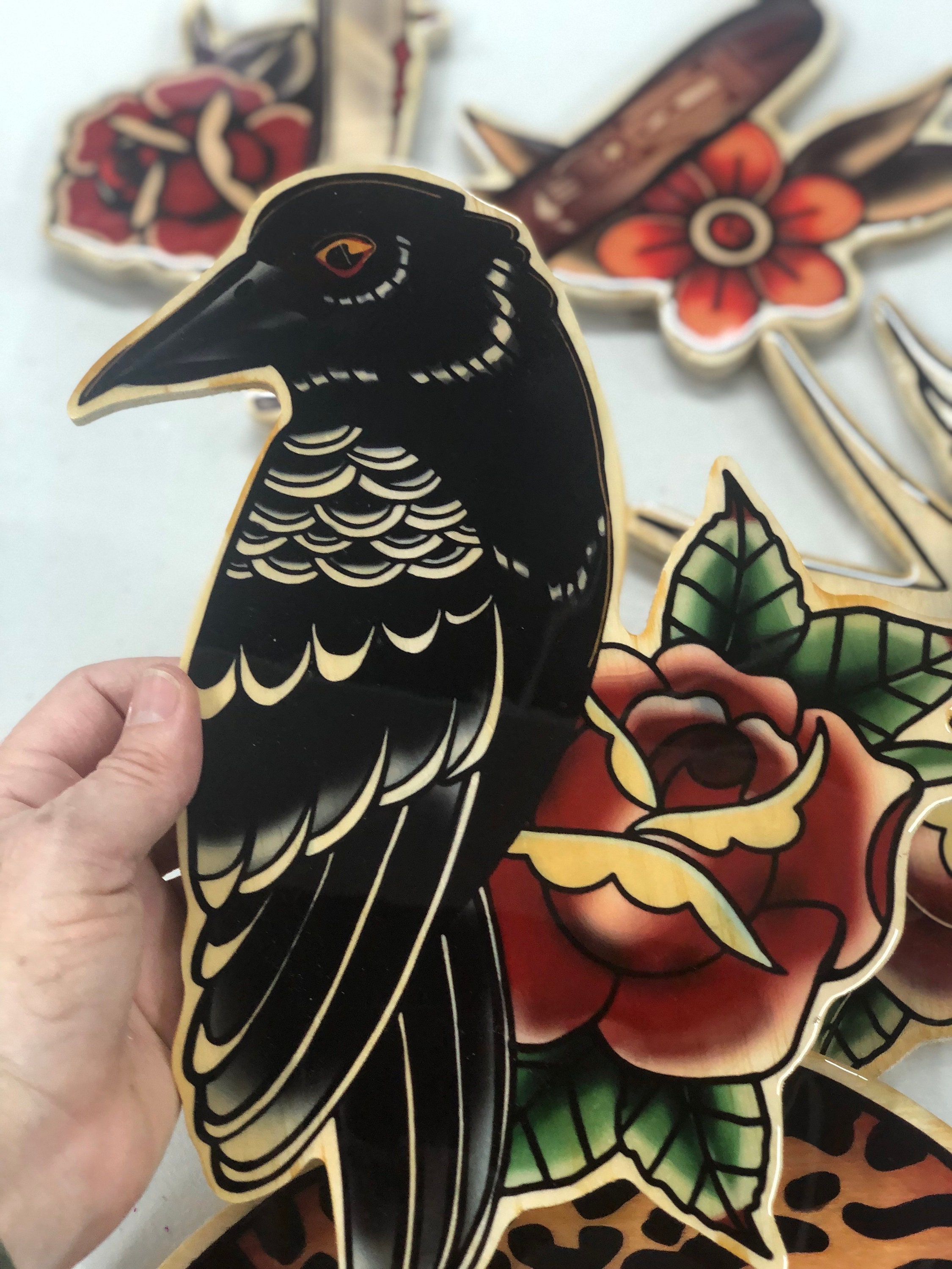 Raven With Rose Wood Cutout – Tattoo Flash Wall Art, Handmade