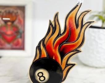 Flaming Eight Ball Tattoo Art: Vintage Style Flash, Handmade Plywood Sign