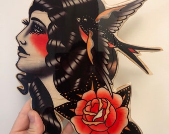 Handmade Tattoo Flash Wood Cutout: Swallow & Rose Woman Wall Art