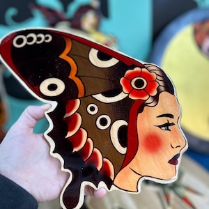 Butterfly Babe Tattoo Wall Art – Traditional Tattoo-Inspired Wood Cut-Out Decor, Perfect Gift for Him or Her