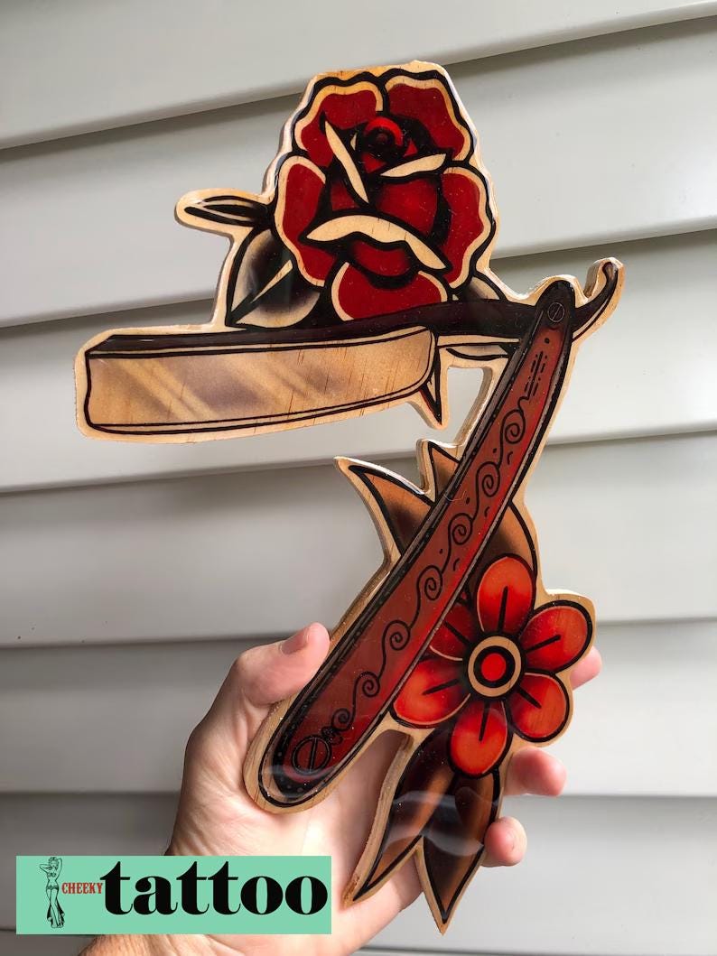 Vintage Style Barber Blade Tattoo Wood Sign: Hand-Cut Barbershop Decor