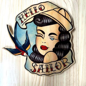 HELLO SAILOR Wood Cutout – Tattoo Wall Art with Swallow & Pin-Up Girl, Handmade Vintage Decor