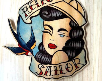 HELLO SAILOR Wood Cutout – Tattoo Wall Art with Swallow & Pin-Up Girl, Handmade Vintage Decor