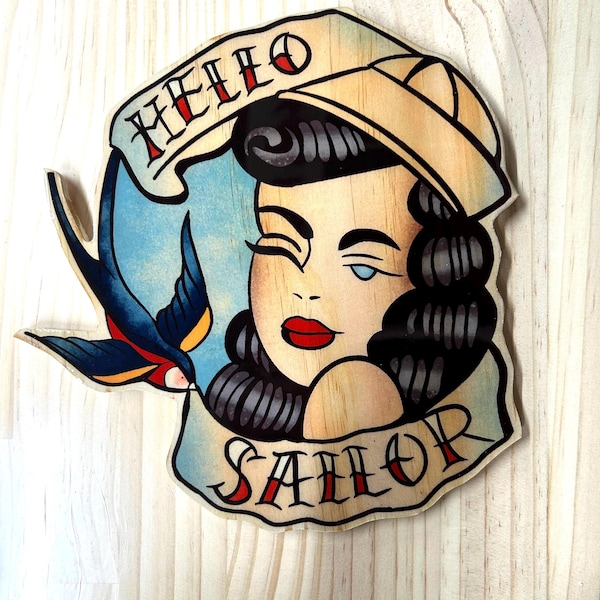 HELLO SAILOR Wood Cutout – Tattoo Wall Art with Swallow & Pin-Up Girl, Handmade Vintage Decor