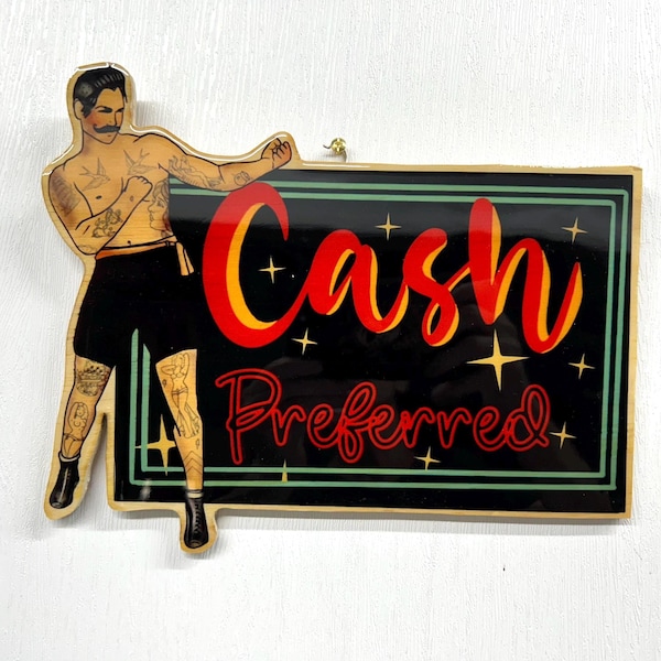 Letrero de madera con la inscripción "Se prefiere efectivo" y diseño de boxeador: Arte para pared con temática de tatuajes, decoración para barberías.