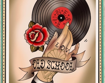 Tattoo Art Print: Old School Record Player - Traditional Sailor Jerry Style
