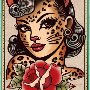 Leopard Kitty Tattoo Flash Art Print: Vintage Ink Decor