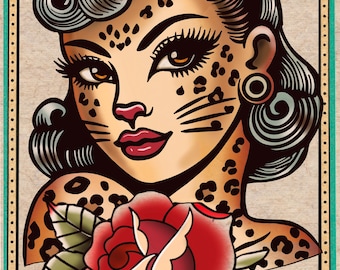 Leopard Kitty Tattoo Flash Art Print: Vintage Ink Decor