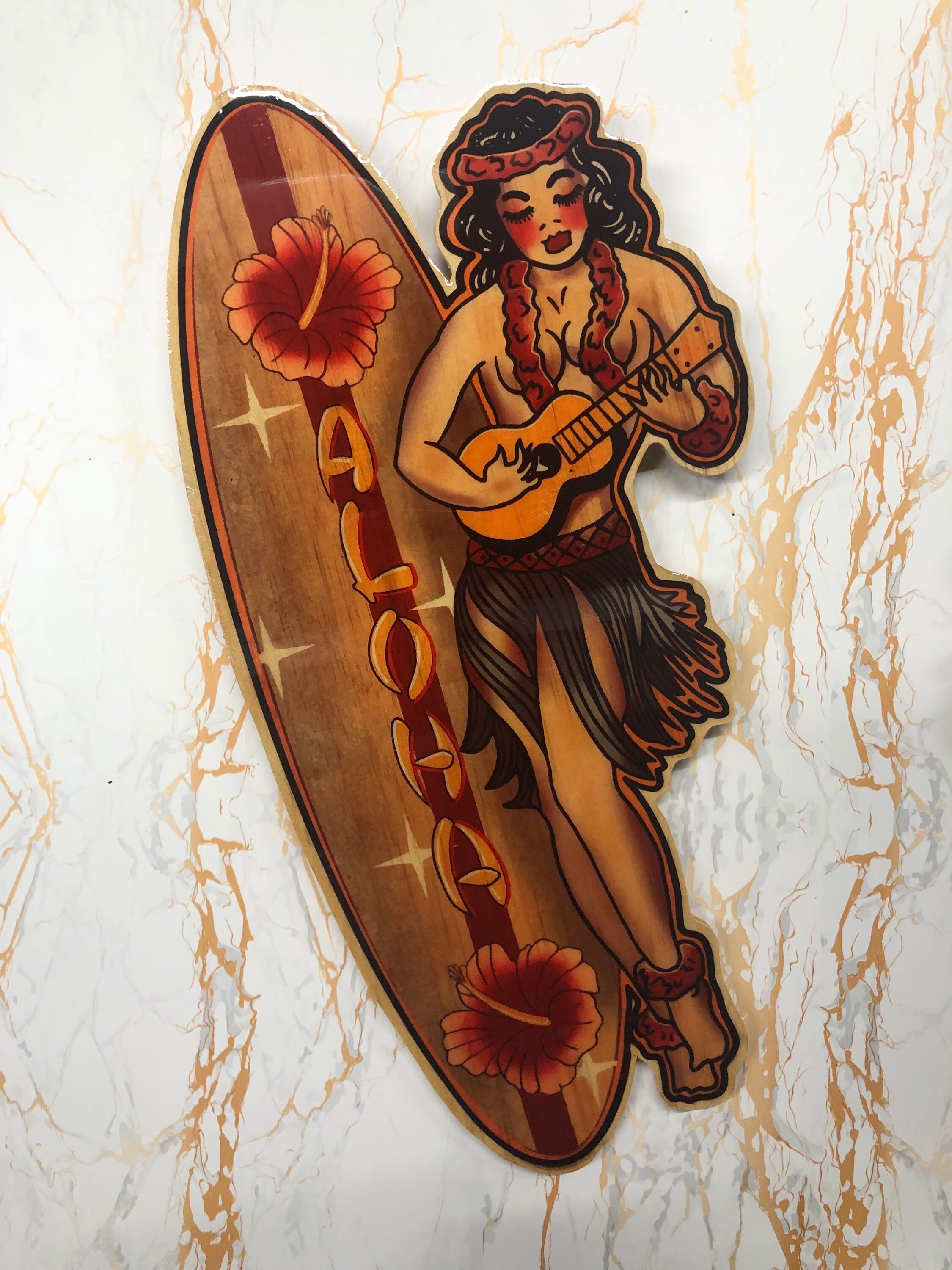 Vintage Style Hula Girl Wood Cut Wall Art: Aloha Surfboard