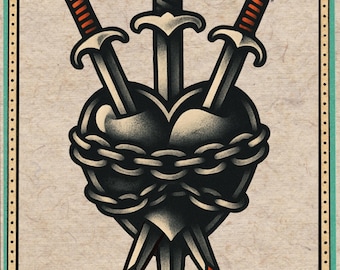 Kedjad hjärtatatuering Flash Art Print: Traditionell tatueringsdesign