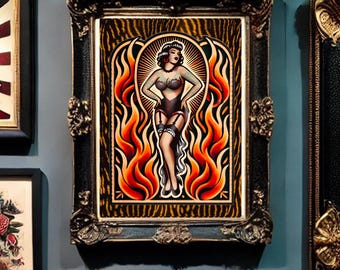Pin Up Girl Tattoo Art Print: Vintage Burlesque Fire Eater