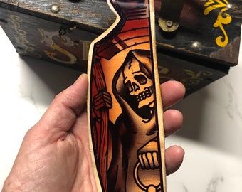 Grim Reaper Knife Tattoo - Wood cutout, wood ink transfer -Traditional Tattoo