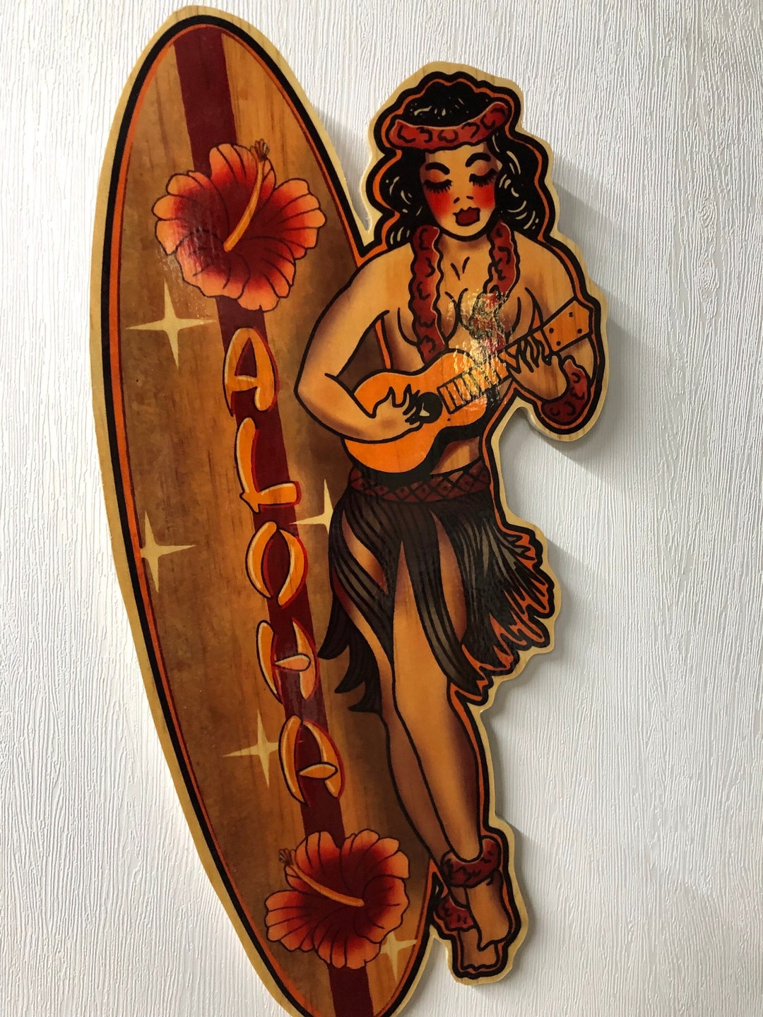 Vintage Style Unique Wood Cut Aloha Hula Girl Wall Art Original Tattoo