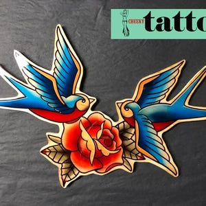 Swallow & Rose Tattoo Wall Art – Handmade Wood Cutout, Traditional Flash Decor