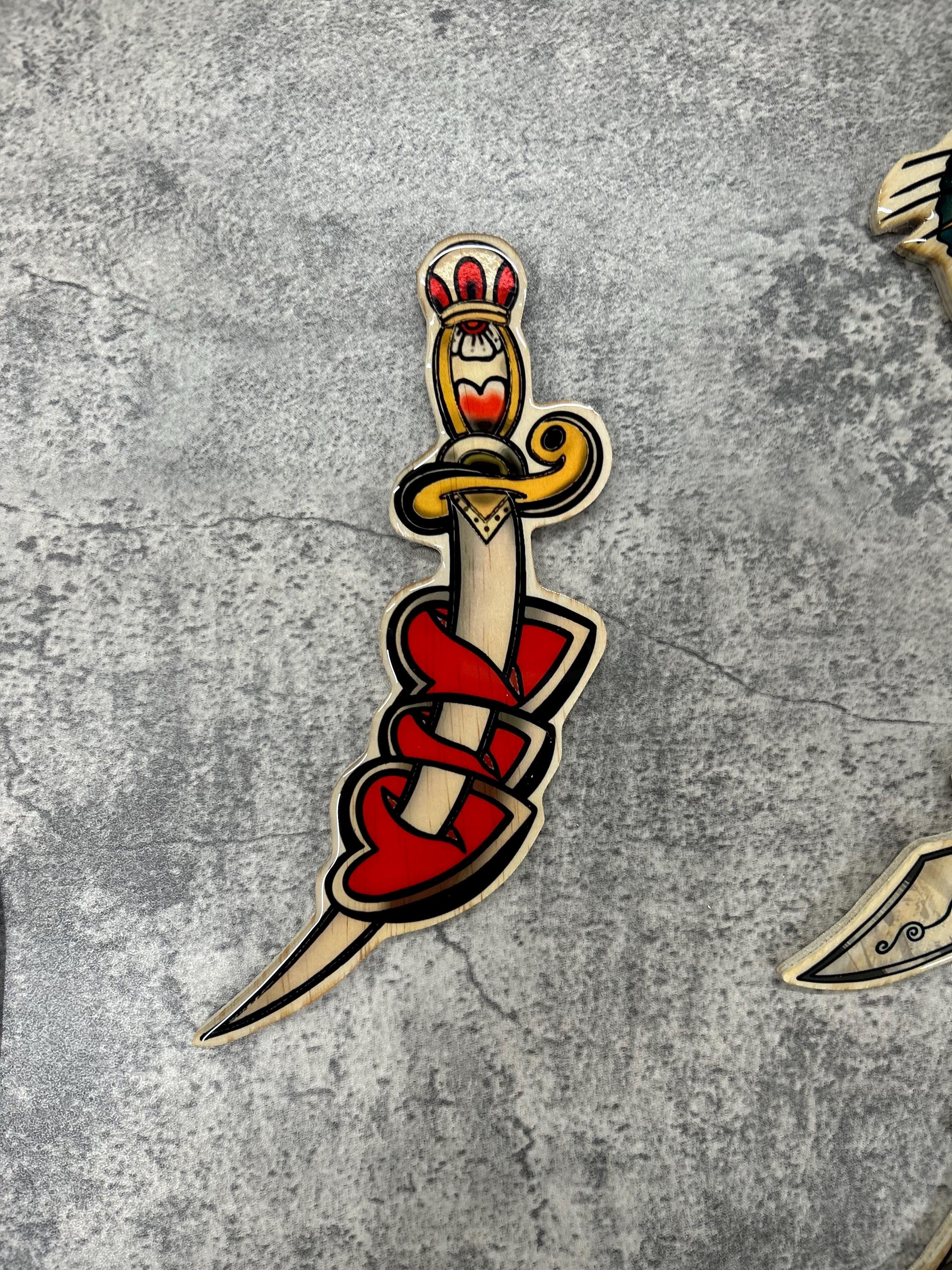 Handmade Broken Heart Dagger Tattoo Wood Wall Art - Vintage Style