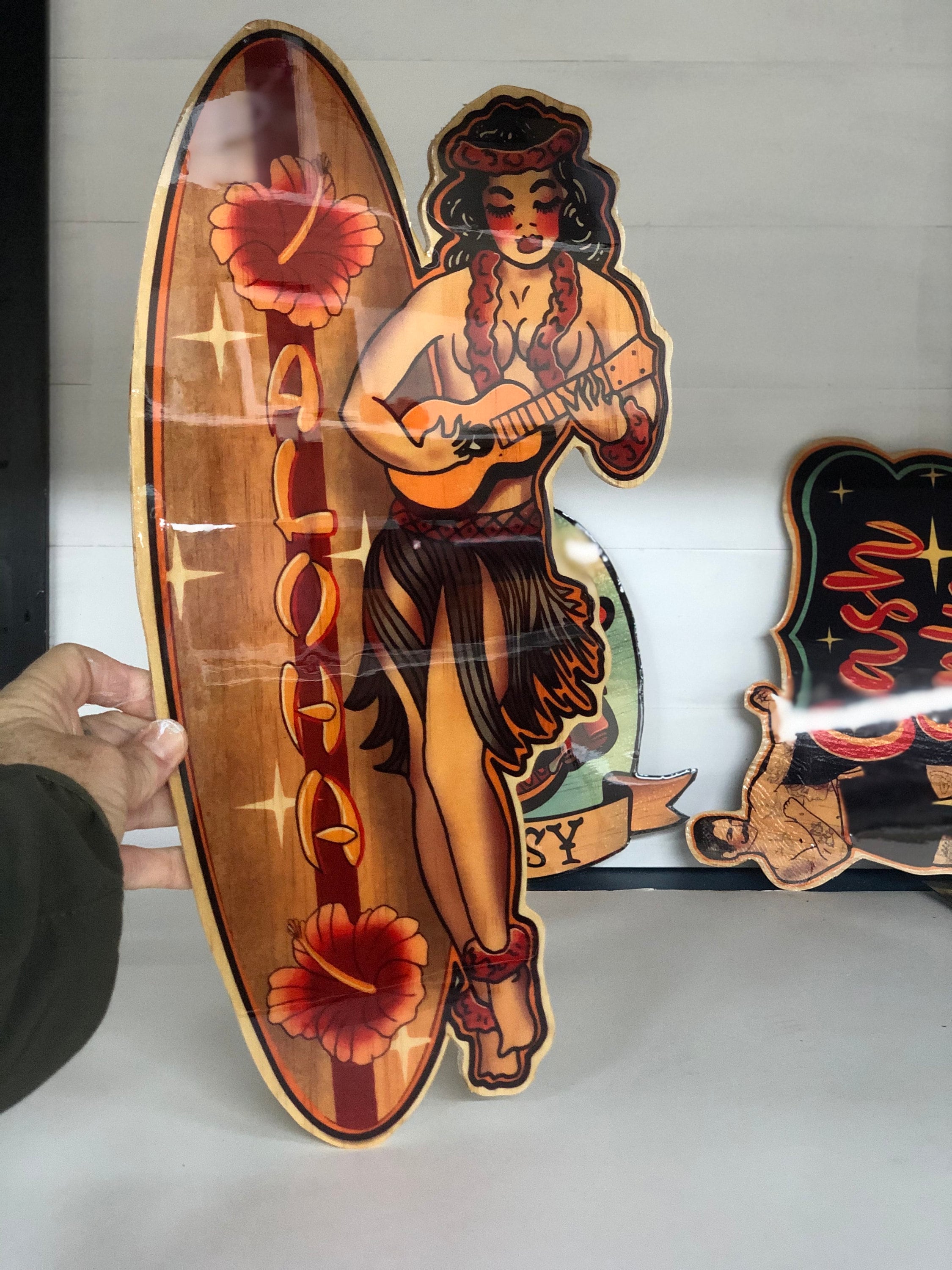 Vintage Style Hula Girl Wood Cut Wall Art: Aloha Surfboard Decor