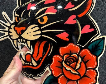 Tatouage Panthère Grognante Fait Main, Modèle de Tatouage Mural en Bois