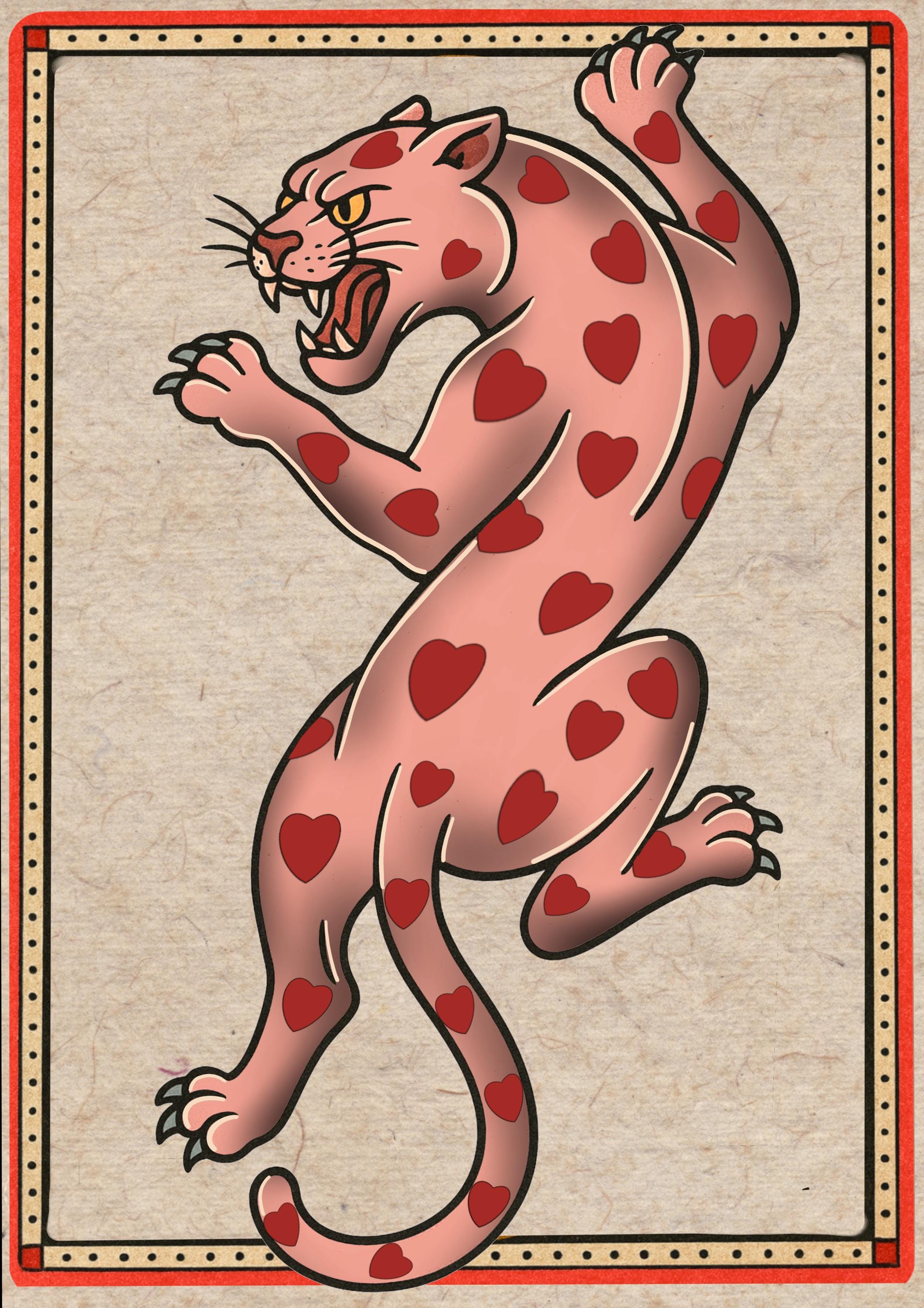 Pink Leopard Tattoo Flash Art Print: Vintage Americana Sailor Jerry Style